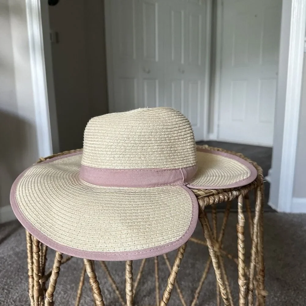 Saks Fifth Avenue Cream Beige Wide Brim Sun Beach Hat Boho Dusty Pink Packable